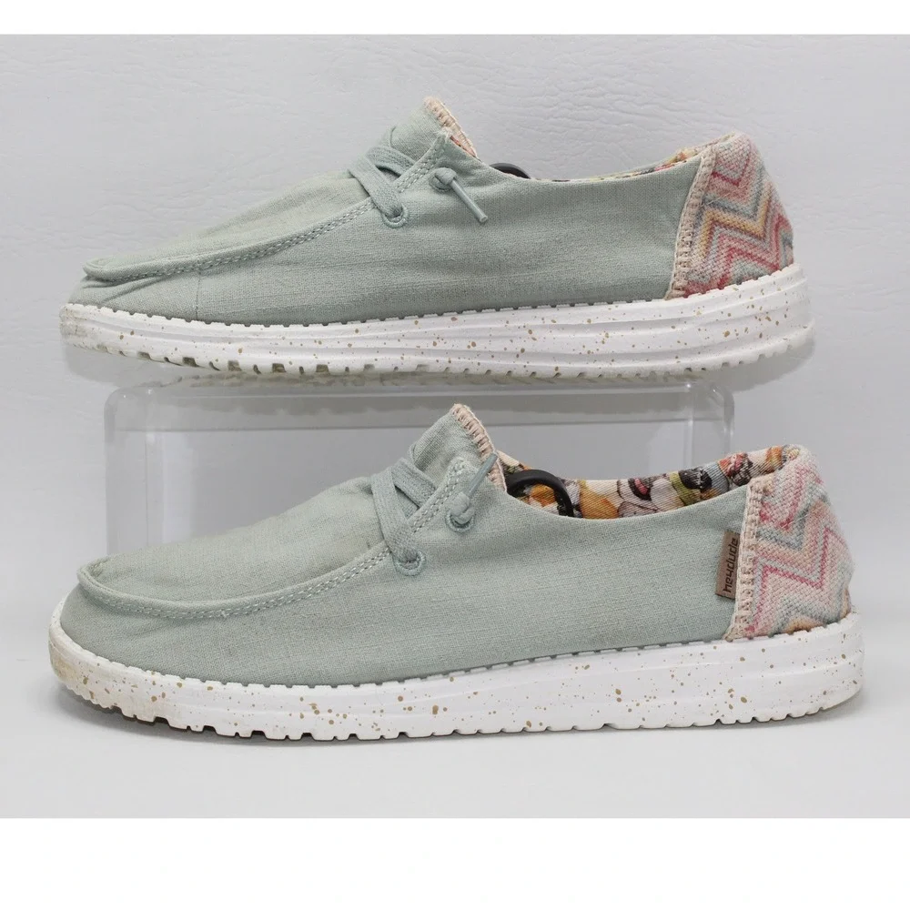 Hey Dude Wendy Aloe Sage Green Canvas Loafers Shoes Womens 8 Butterfly Chevron